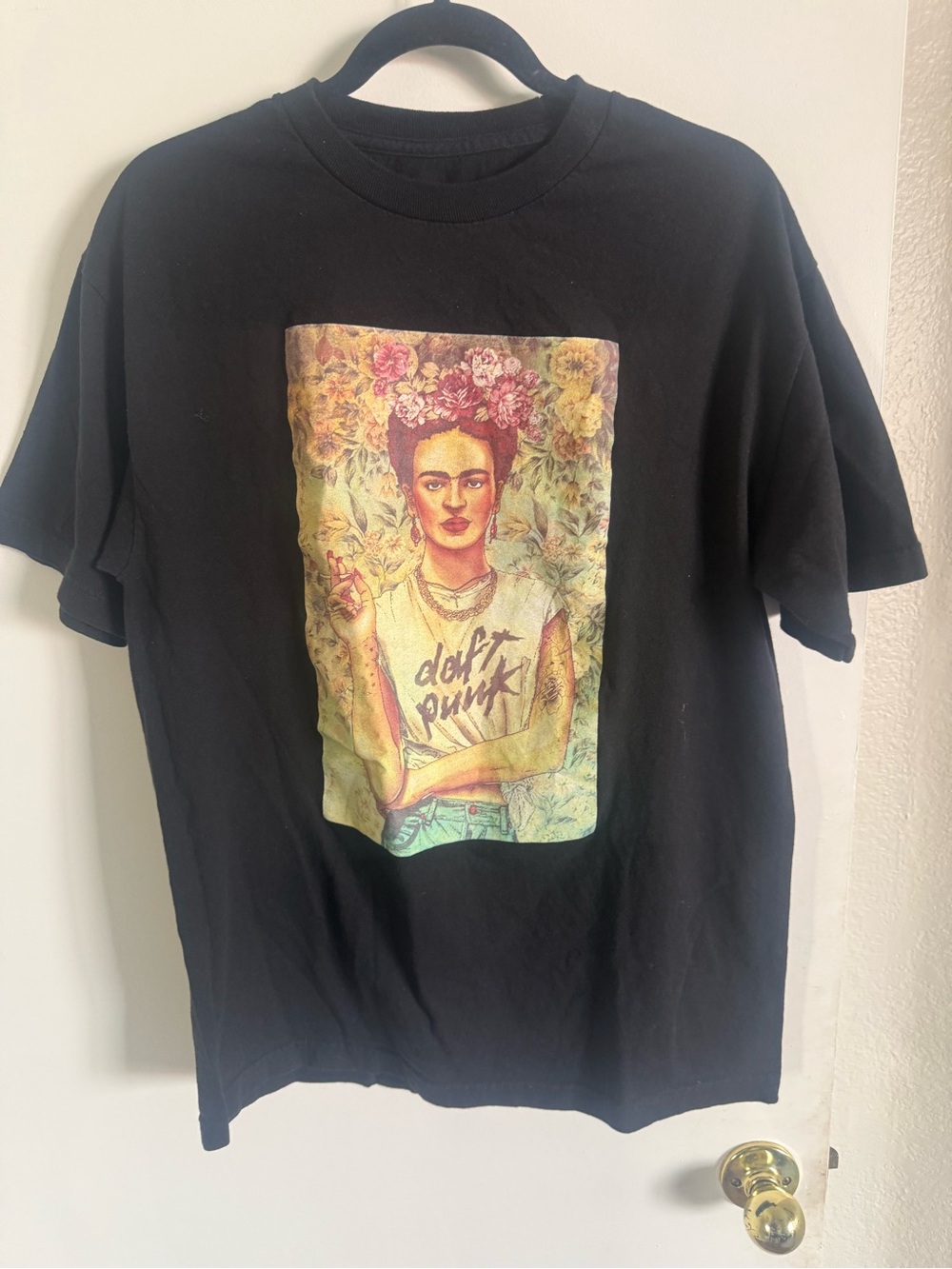 Black Daft Punk Graphic Tee with frida Portrait Print